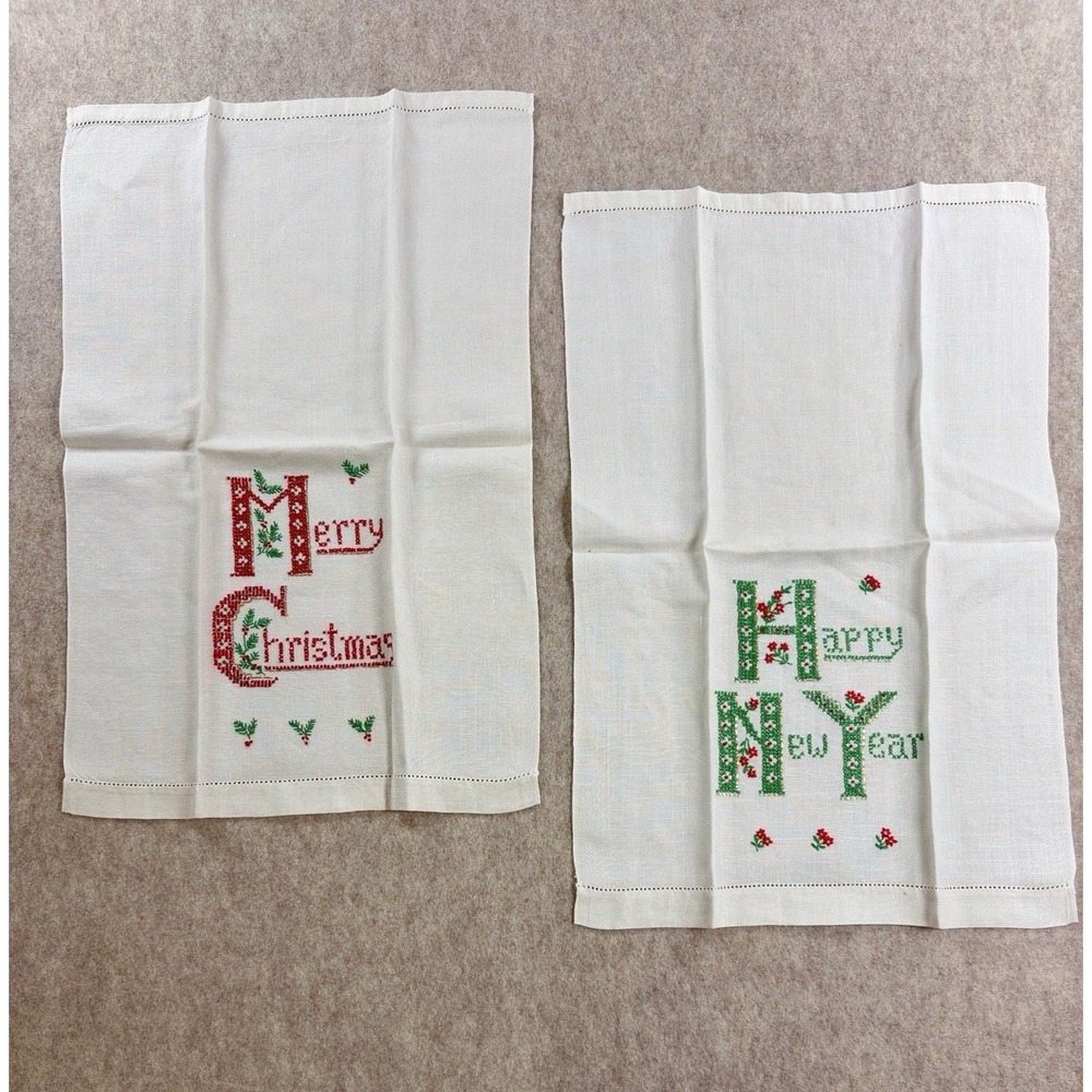 Set of 2 Embroidered Cotton Christmas and New Years Tea Towels, 19inx12in I-580